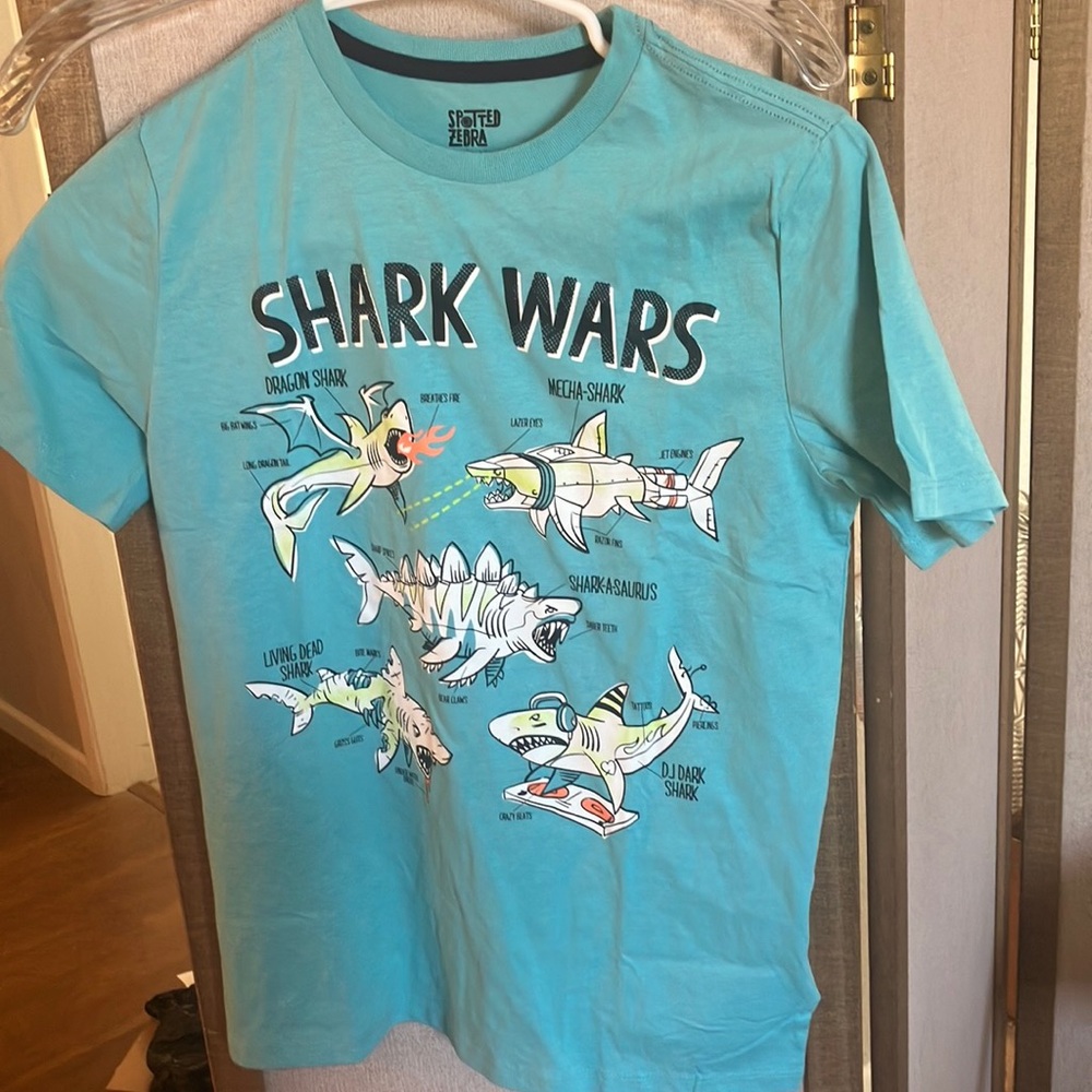 FINAL MARKDOWN Shark Wars Kids T-Shirt by spotted zebra xl